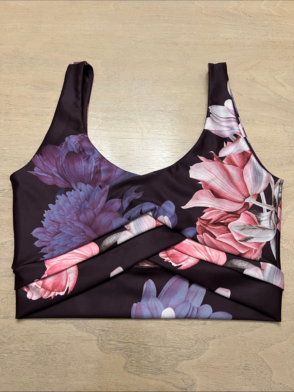 Floral Crisscross Sports Bra - Deep Plum & Pink